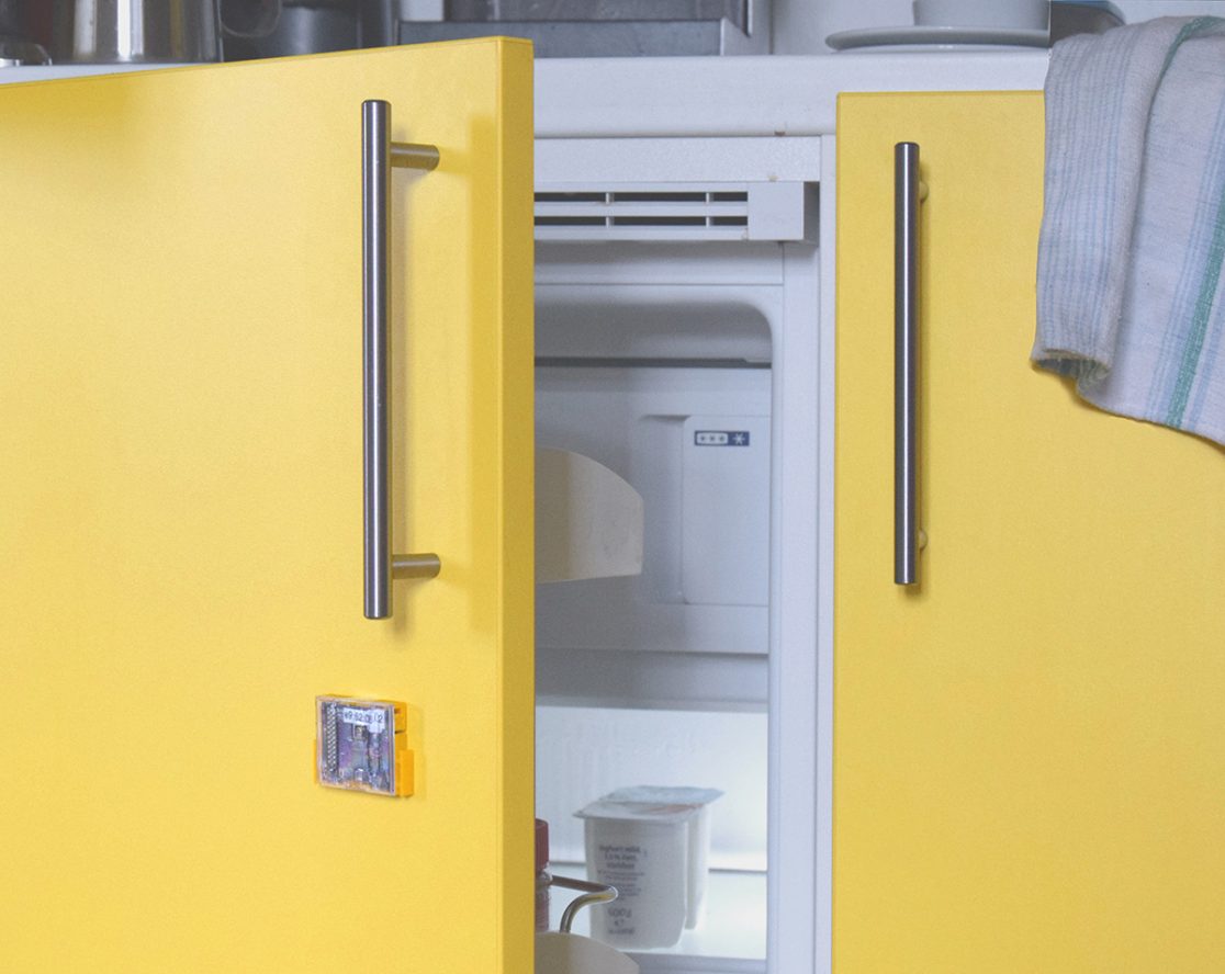 A Sensor Tag attached to a fridge door